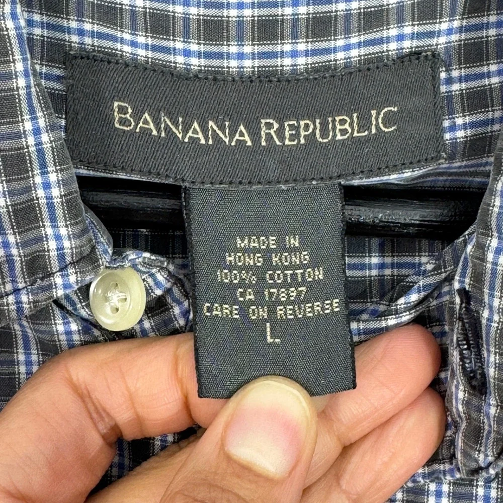Banana Republic Shirt Mens Large Navy Blue Plaid Button Down Long Sleeve Cotton‎